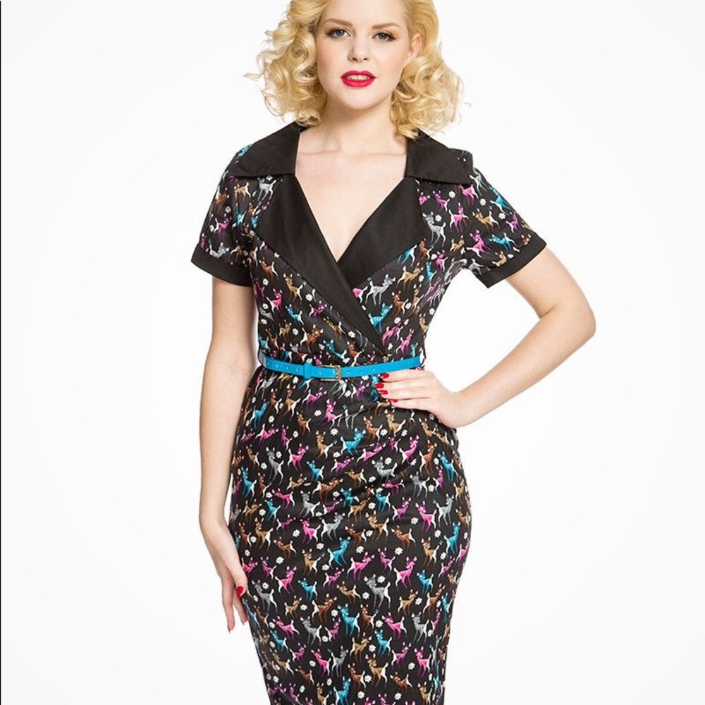 Lindy Bop Deer Wiggle Dress with Blue Belt